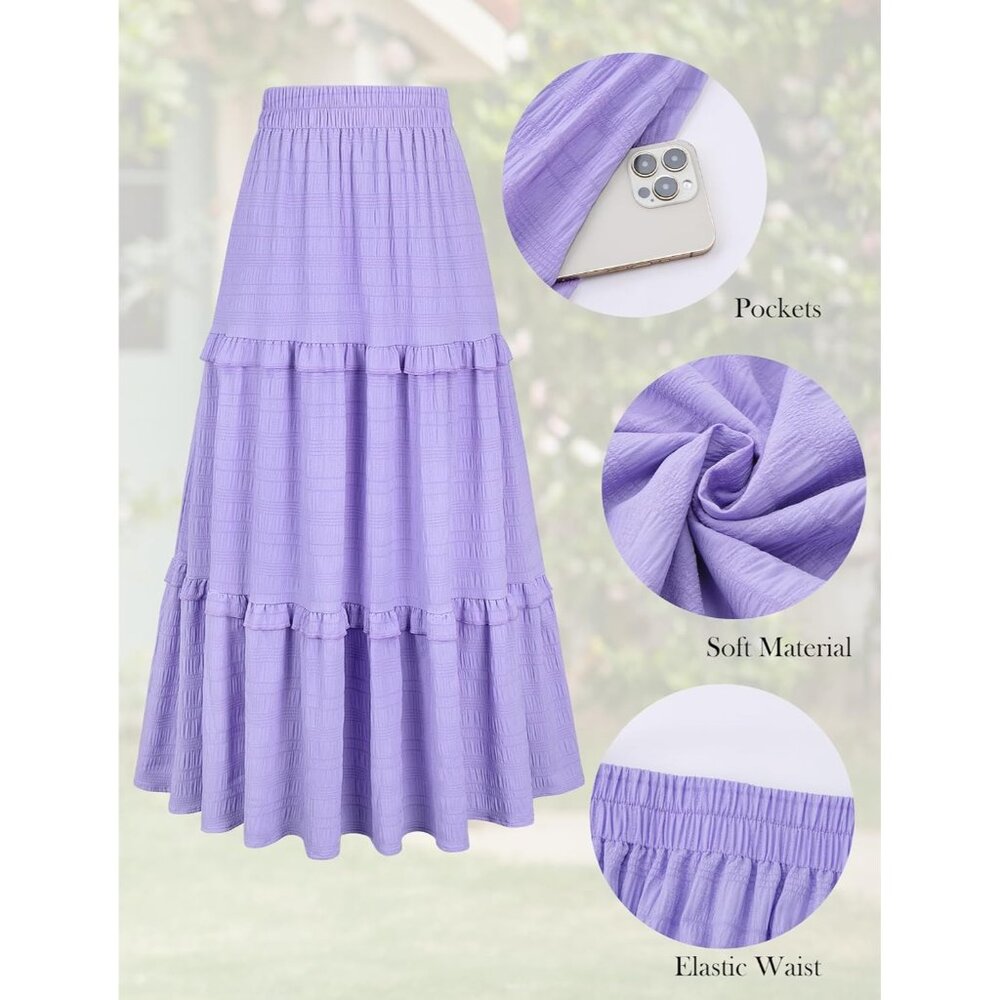 Women's Purple Casual Elegant A Line Flowy Ruffle Tiered Long Pockets Maxi Skirt - Picture 3 of 5